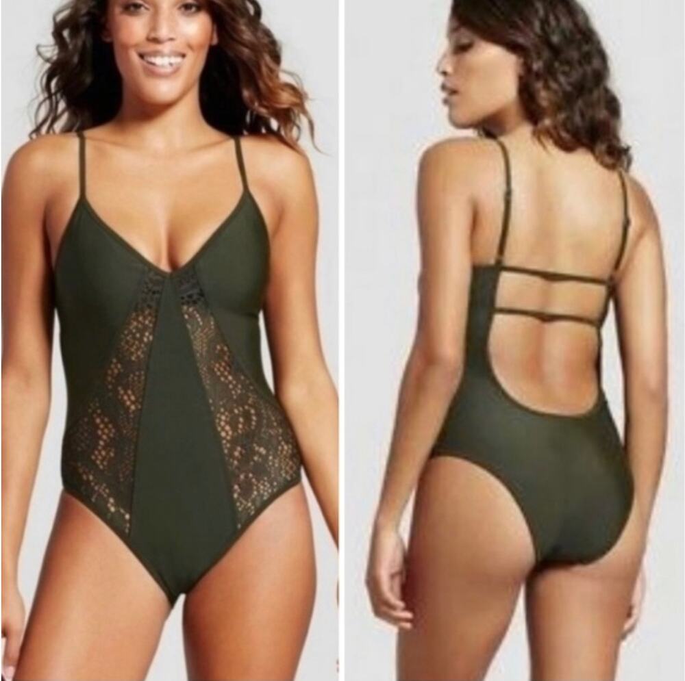 2/$30 Mossimo Lace Inset One Piece Swimsuit Olive Green Size M